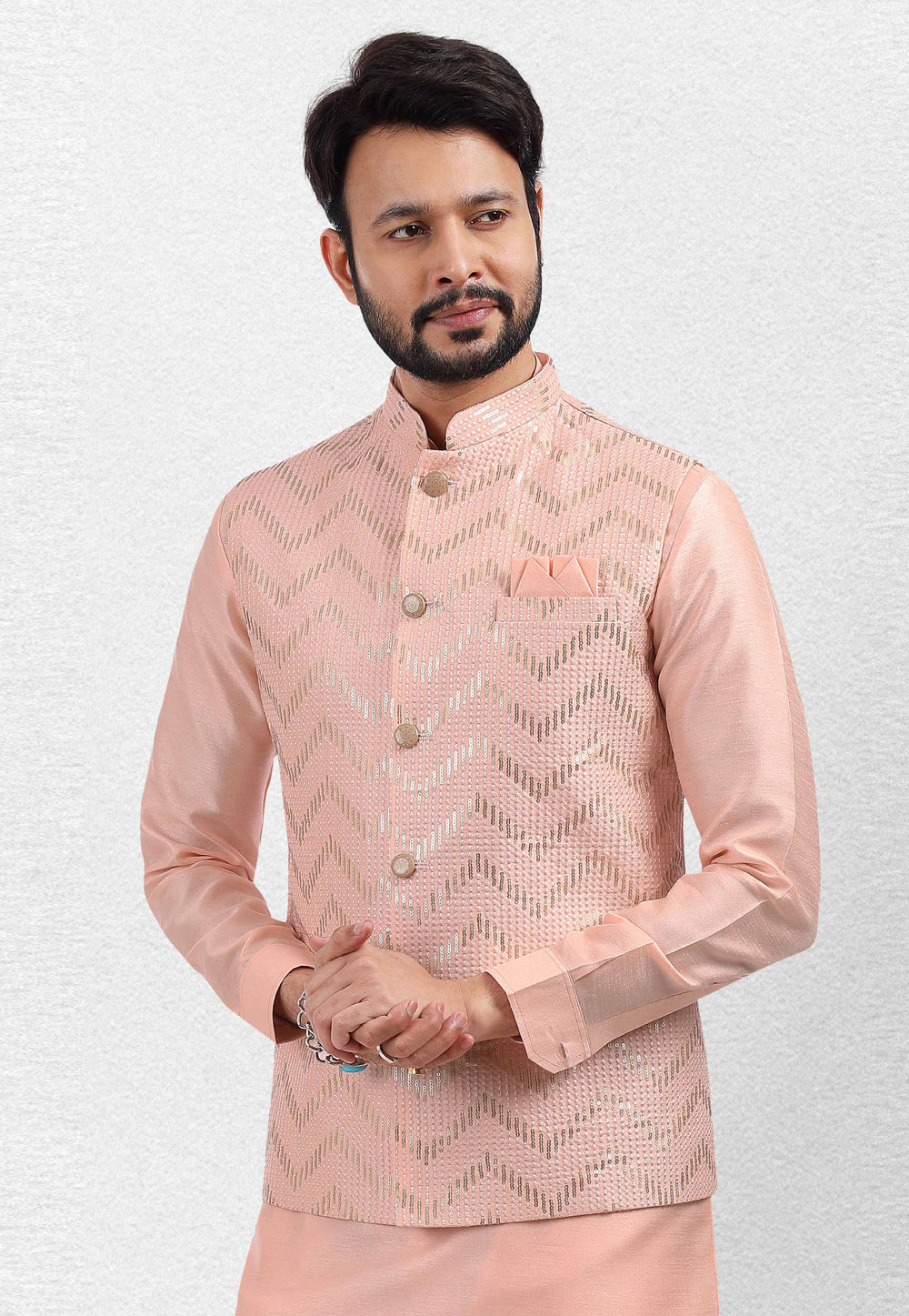 Buy KISAH PLUS Peach Printed Kurta Jacket Set (Set of 3) online