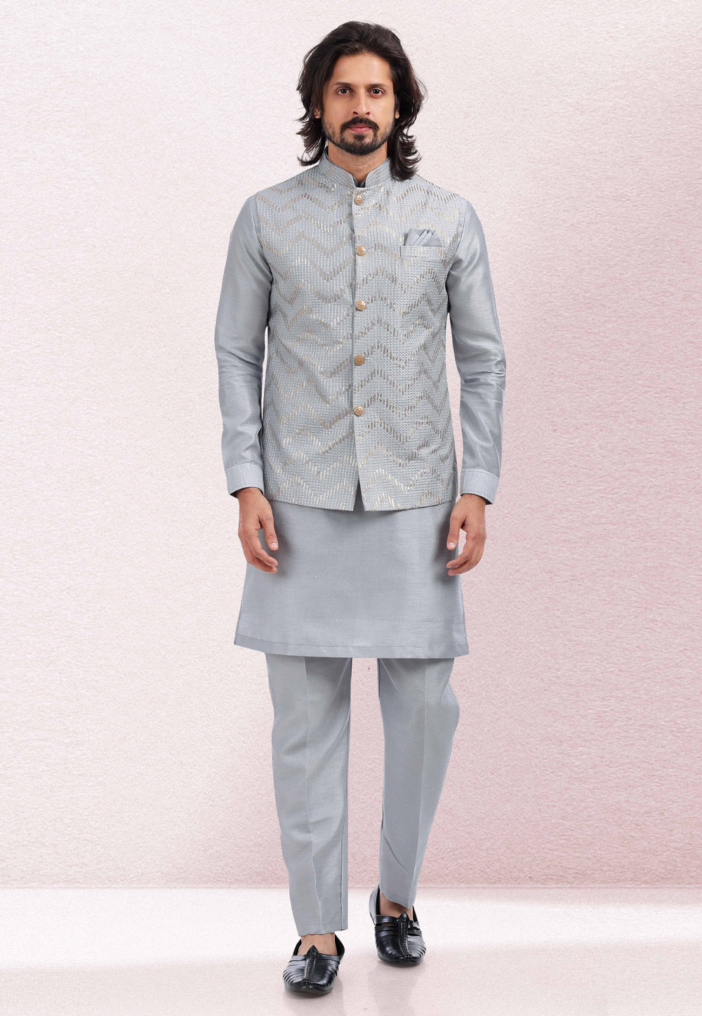 Grey Art Silk Kurta Pajama With Jacket 260151