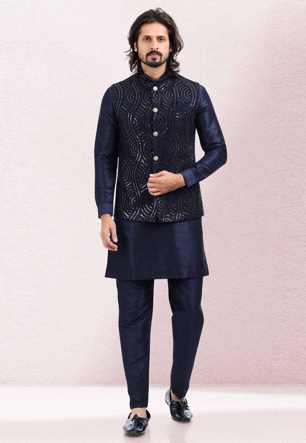Navy Blue Art Silk Kurta Pajama With Jacket 260153