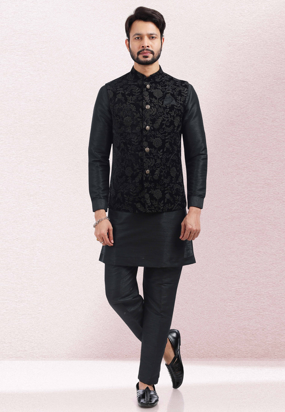 Art Silk And Jacquard Woven Kurta Pajama With Jacket In Black And Yellow  Colour - KP1047596