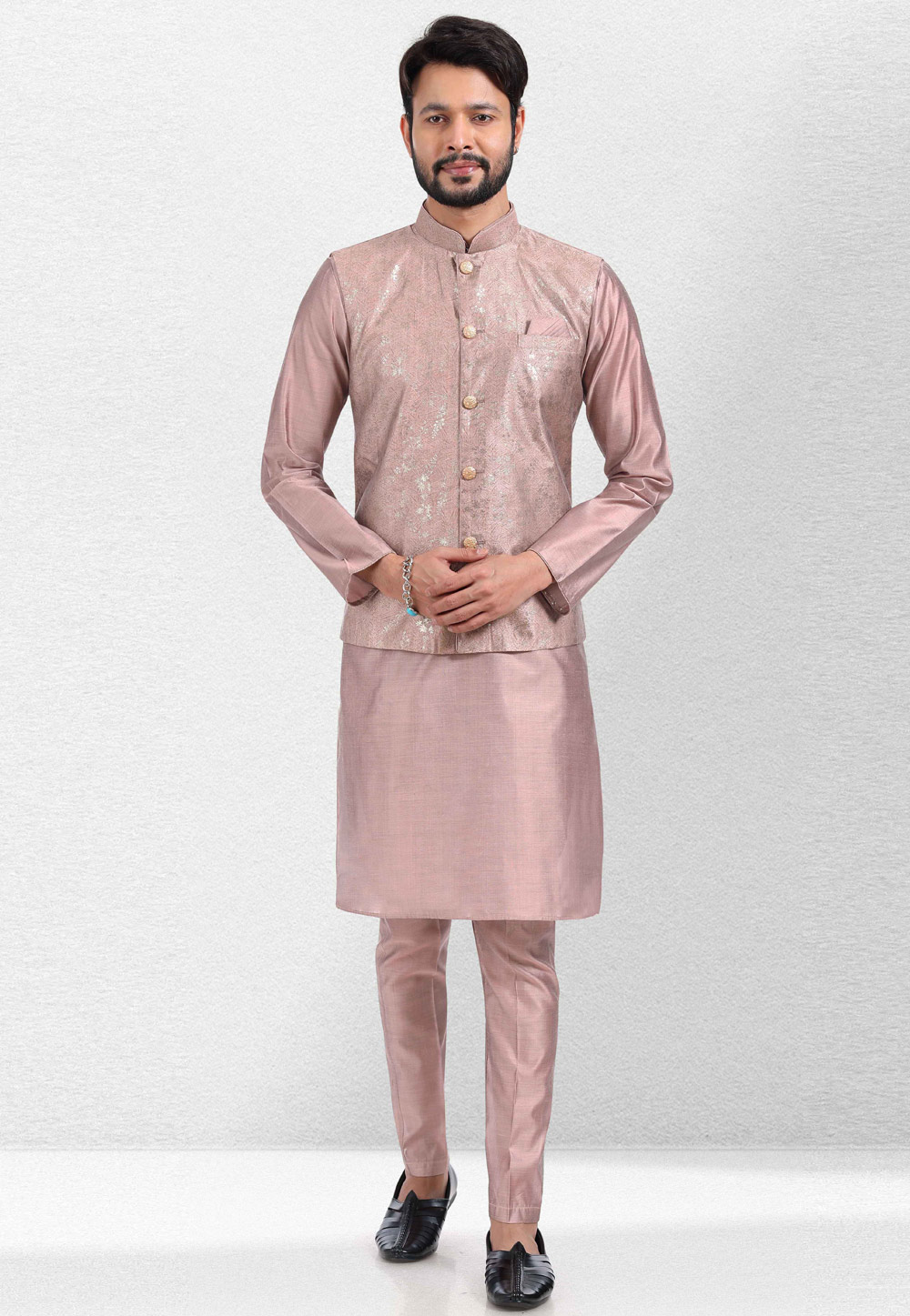 Light Pink Art Silk Kurta Pajama With Jacket 260158
