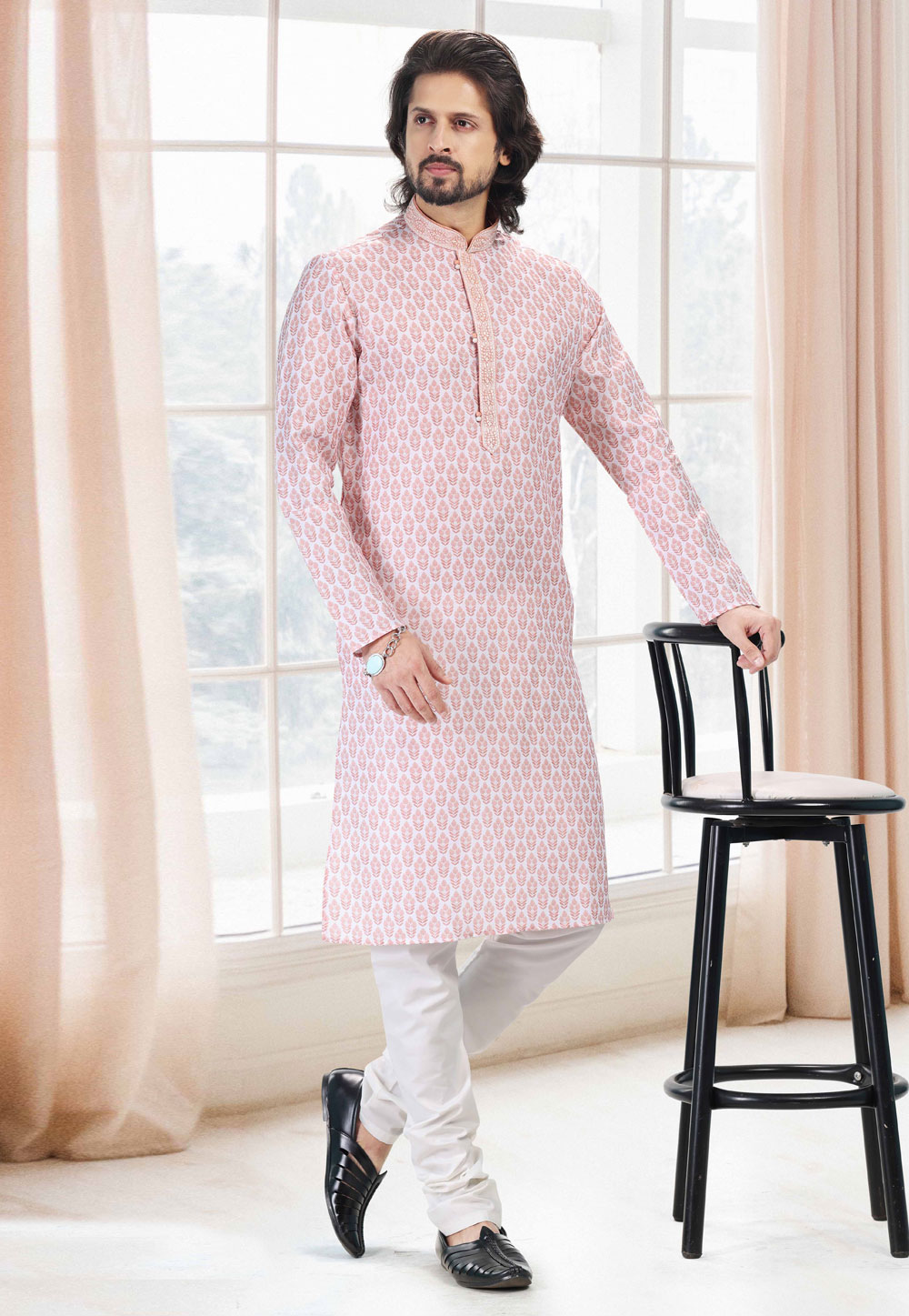 Pink Cotton Printed Kurta Pajama 260161
