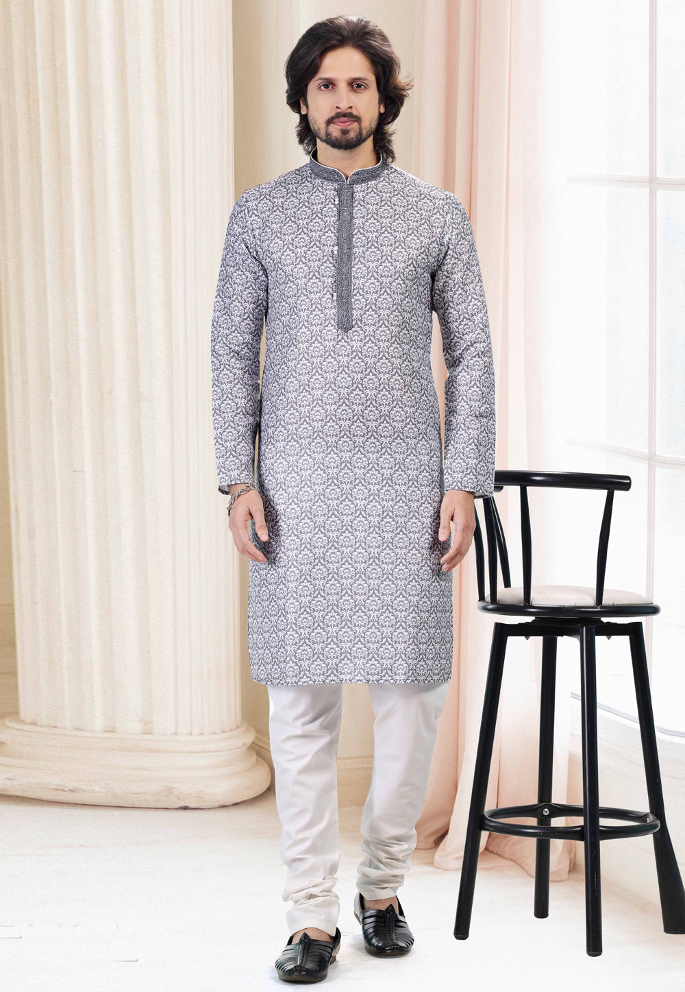 Grey Cotton Printed Kurta Pajama 260166