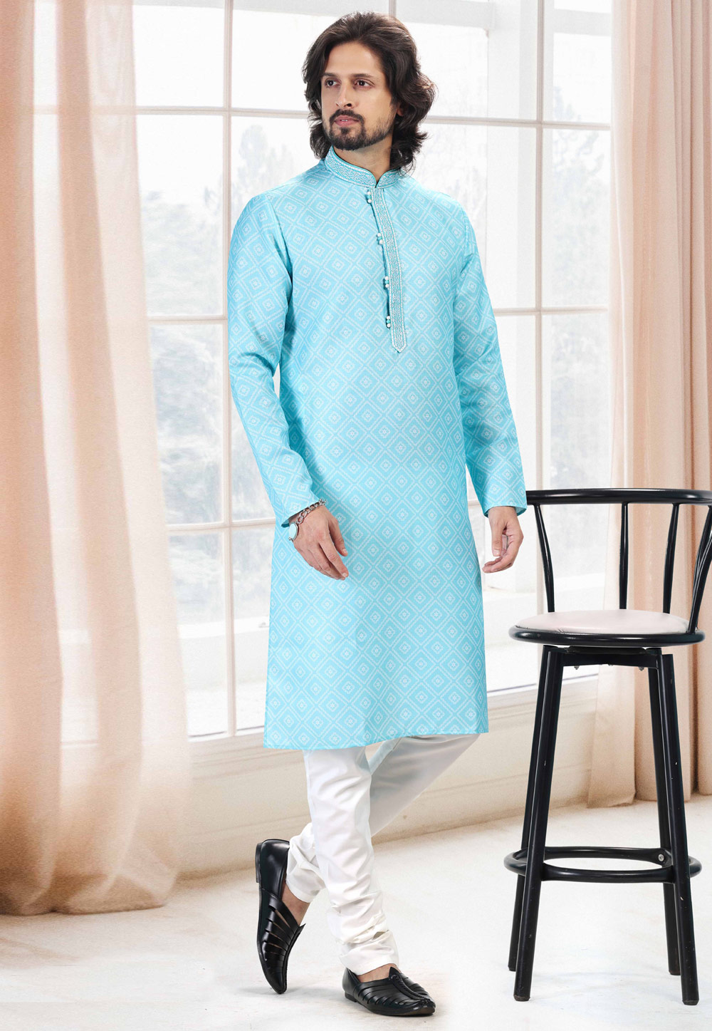Turquoise Cotton Printed Kurta Pajama 260167
