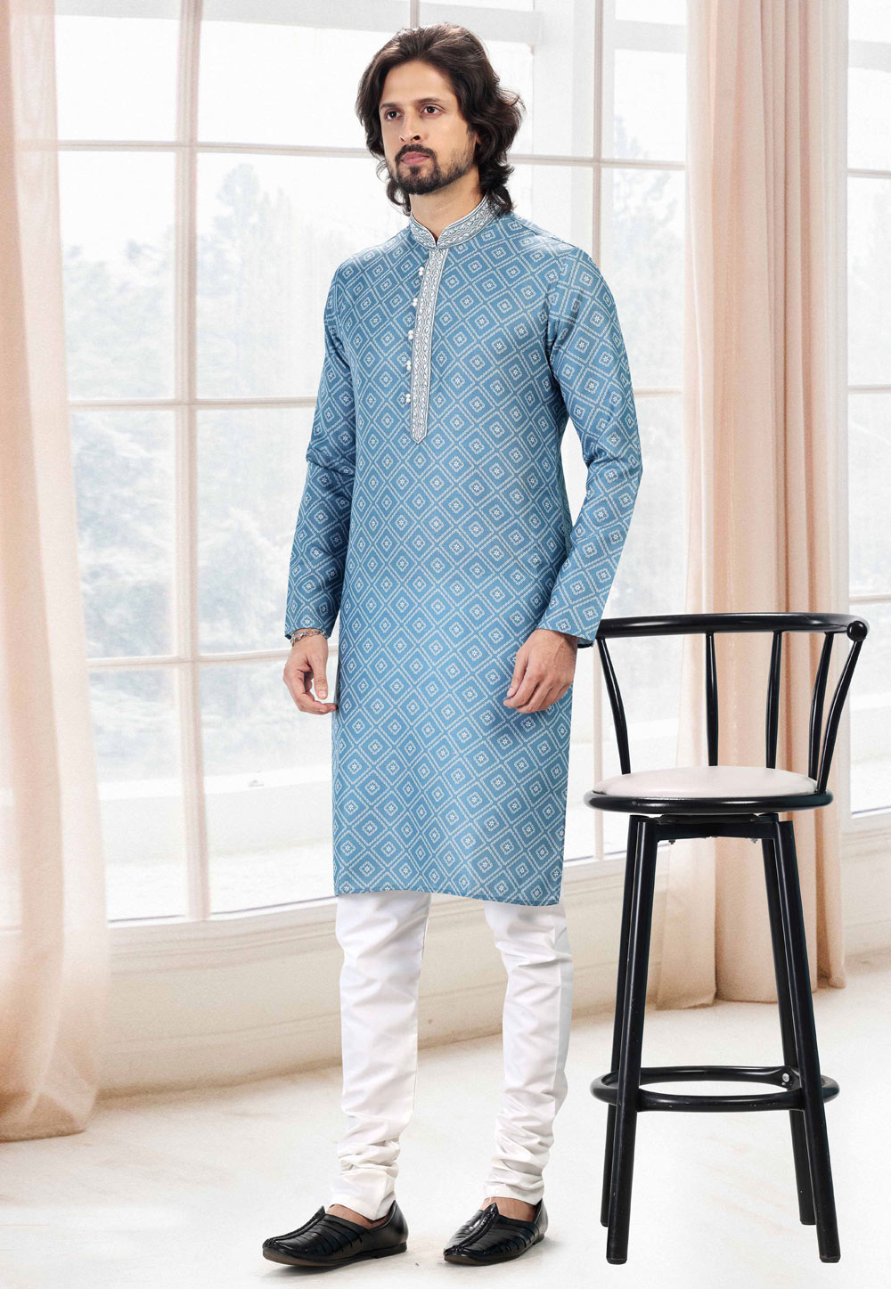 Blue Cotton Printed Kurta Pajama 260169