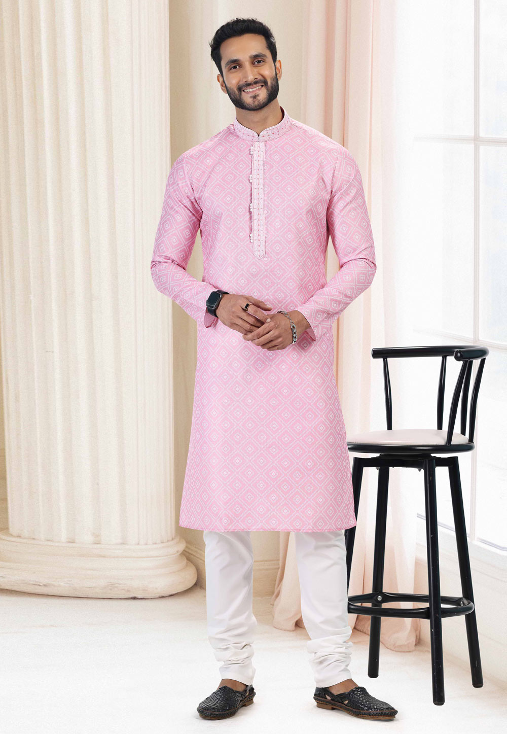 Pink Cotton Printed Kurta Pajama 260170