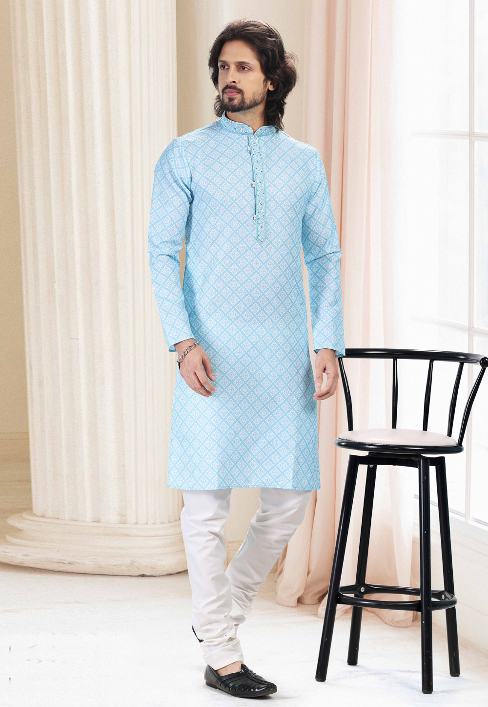 Sky Blue Cotton Printed Kurta Pajama 260172