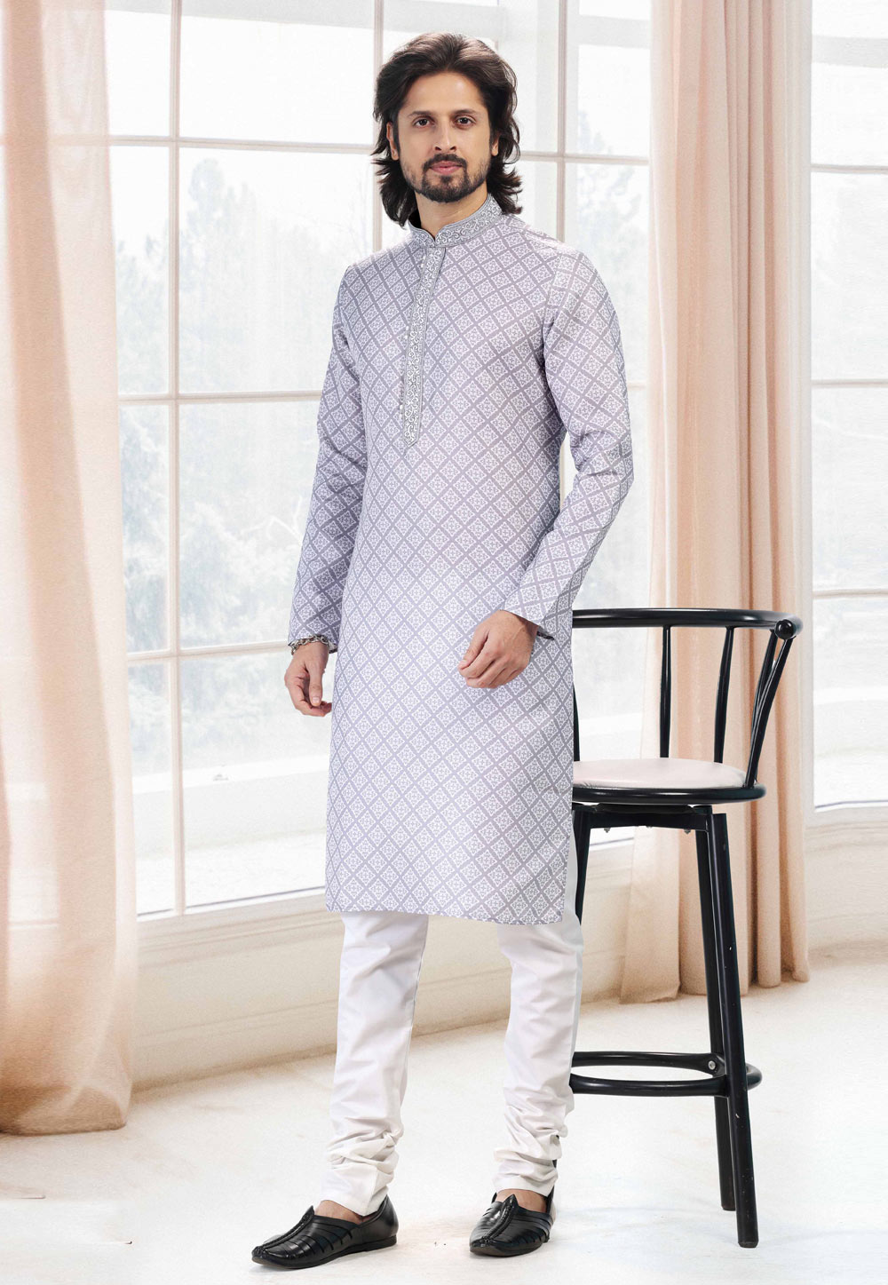 Grey Cotton Printed Kurta Pajama 260173
