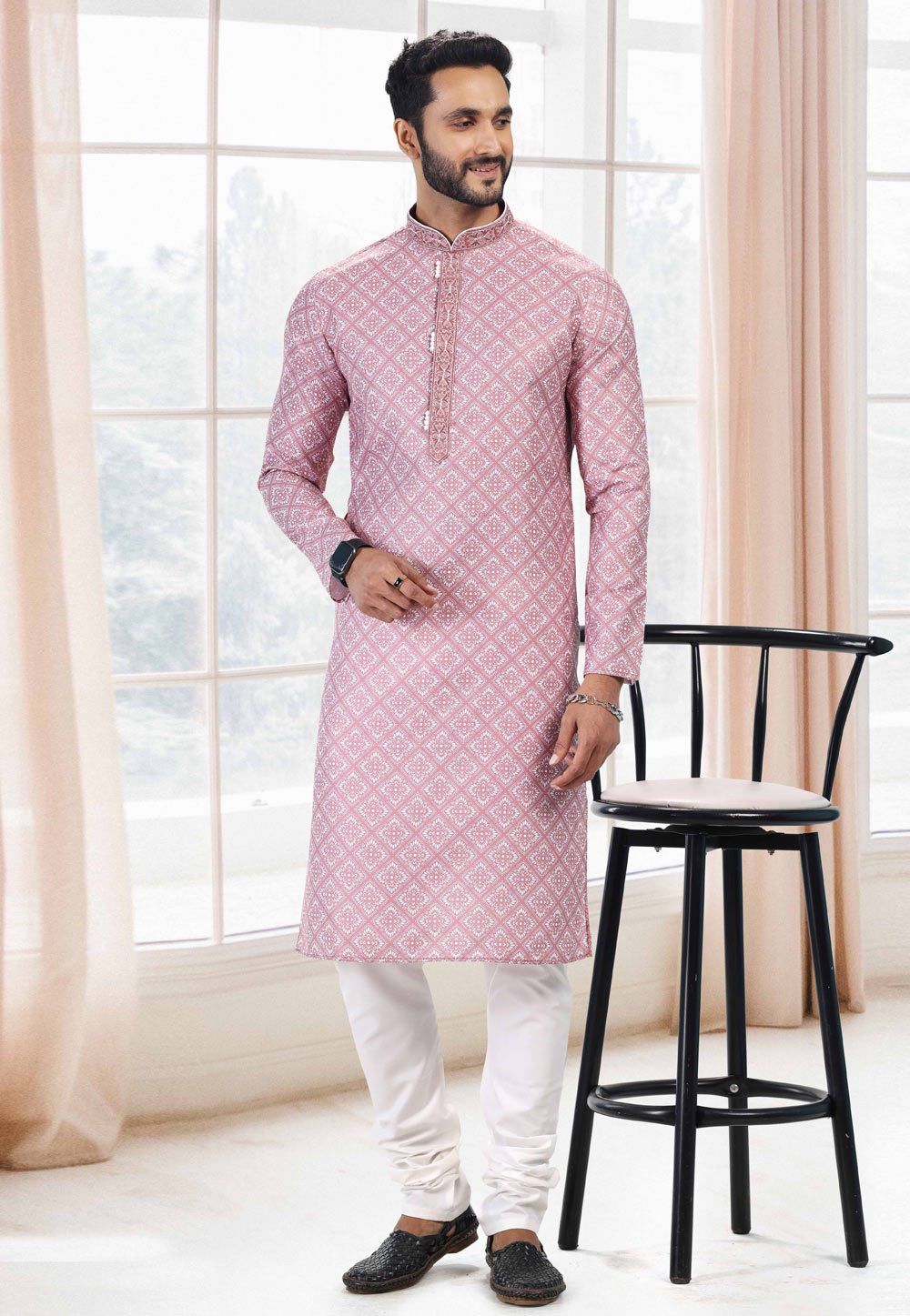 Pink Cotton Printed Kurta Pajama 260175