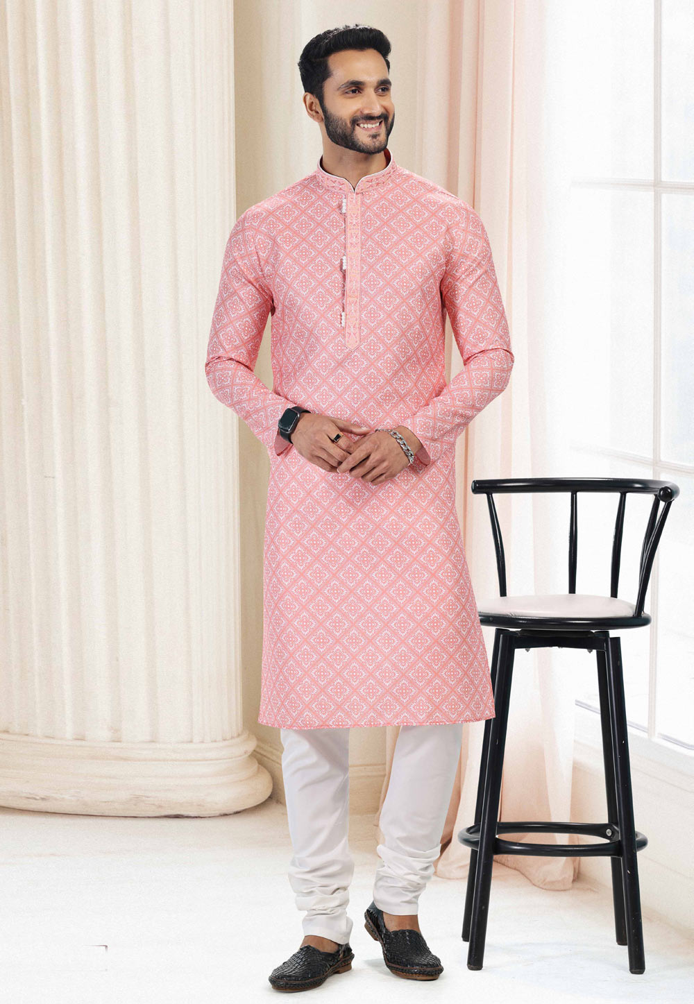 Pink Cotton Printed Kurta Pajama 260176