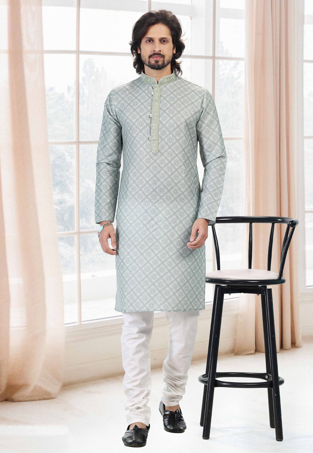 Grey Cotton Printed Kurta Pajama 260177