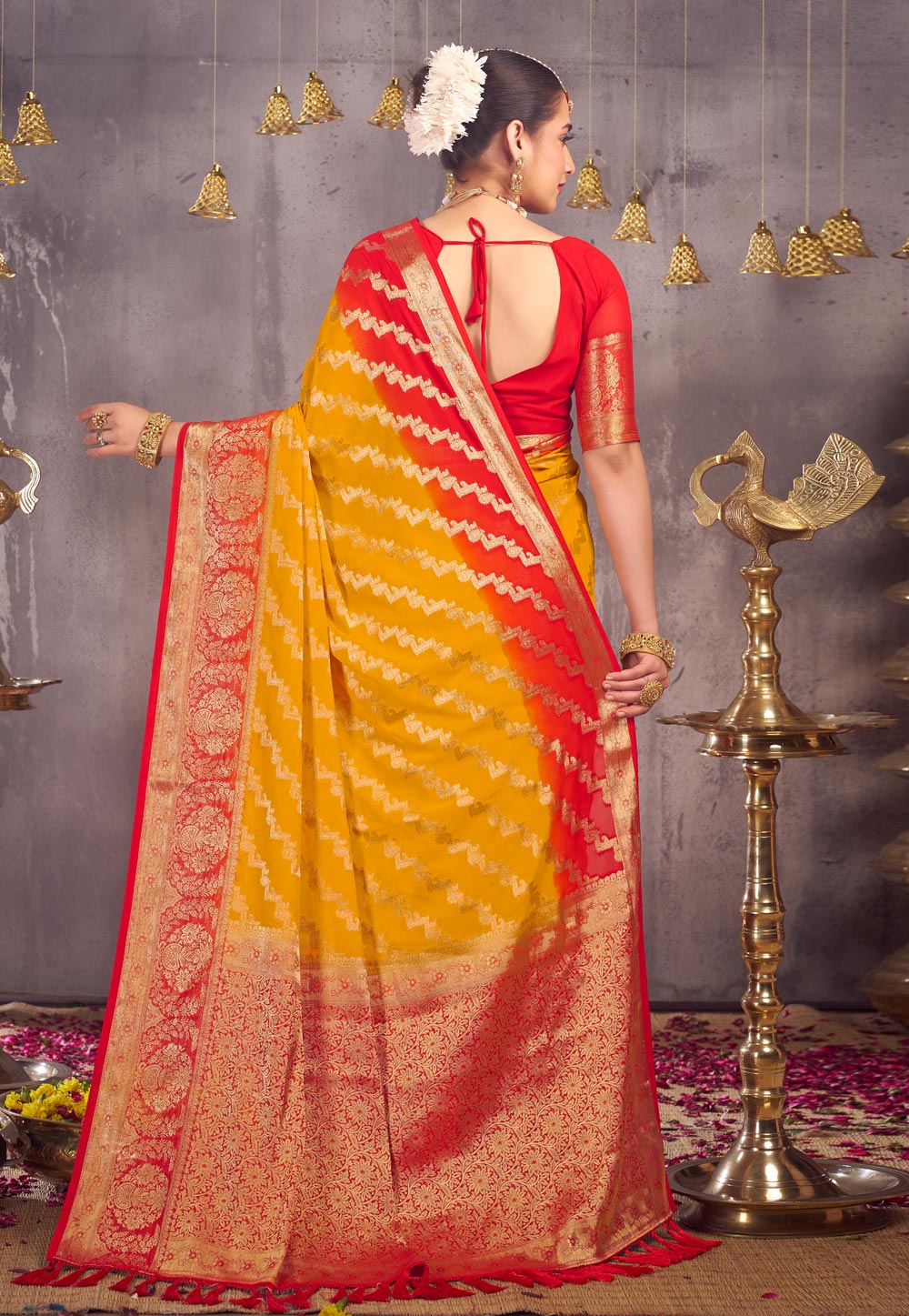 Designer Gorgeous Yellow and Red Lehenga Saree - MiaIndia.com