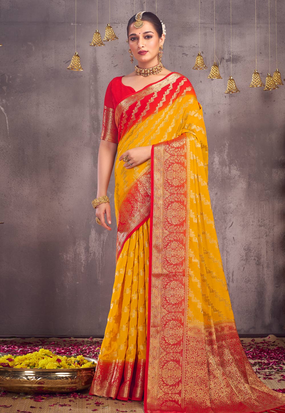 Buy SLAGHA Self Design Handloom Cotton Blend Red, Yellow Sarees Online @  Best Price In India | Flipkart.com