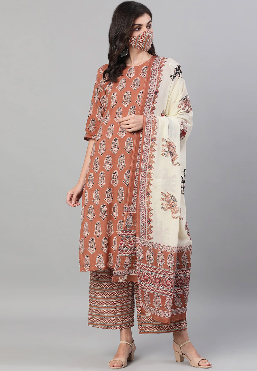 Brown Cotton Readymade Palazzo Suit 224932