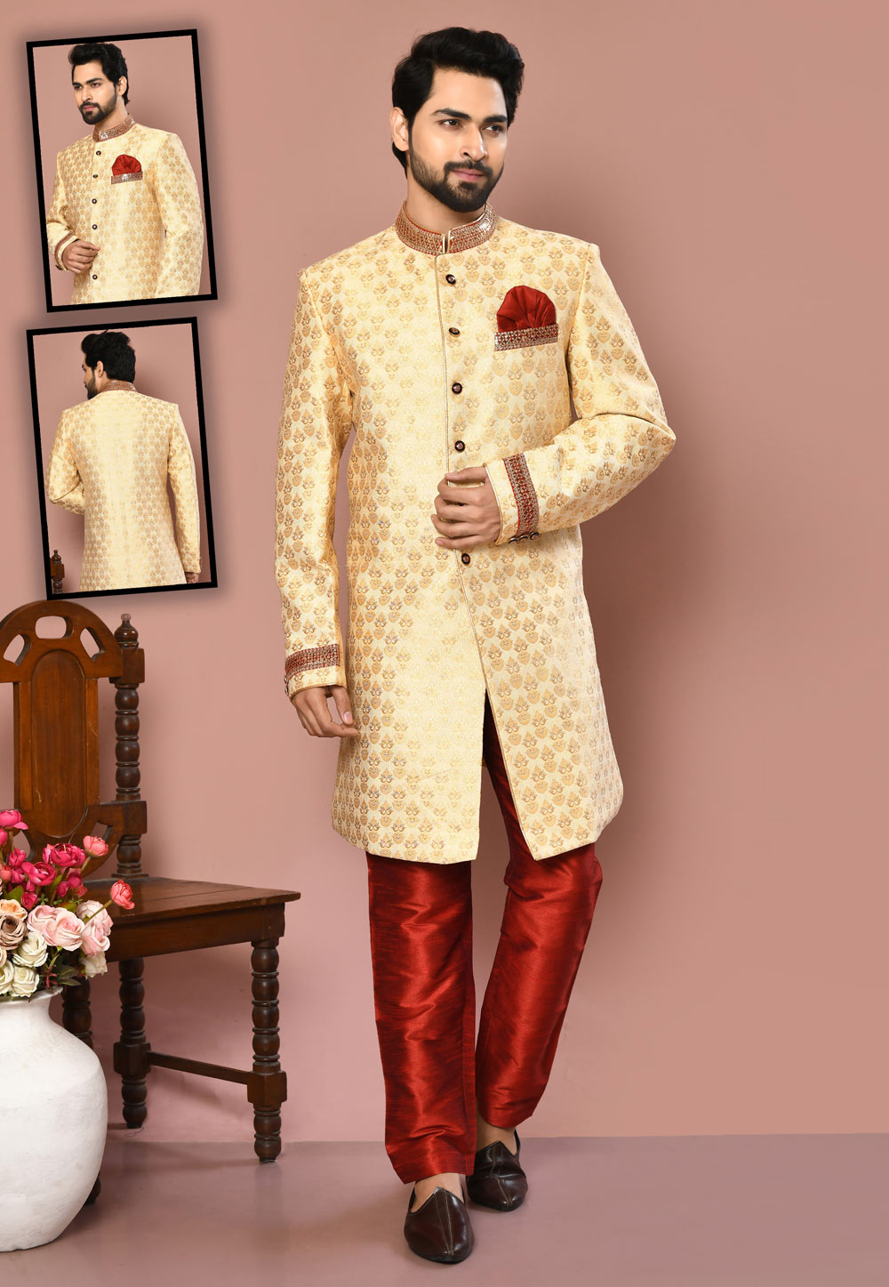 Cream Banarasi Silk Indo Western Suit 260480