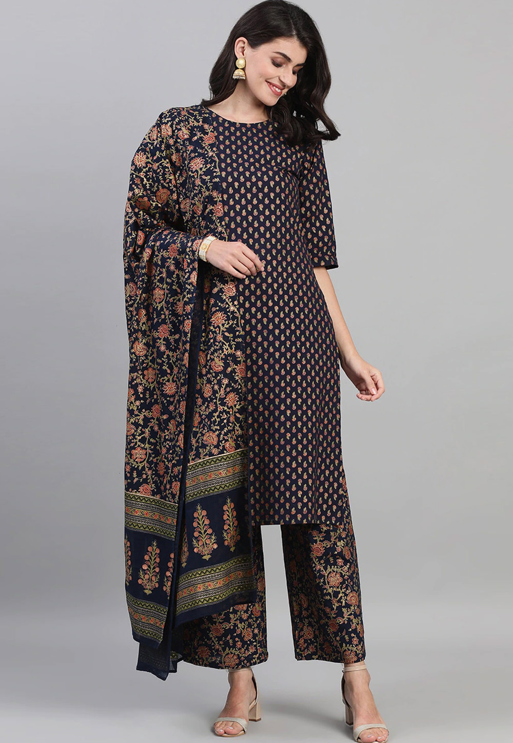 Navy Blue Cotton Readymade Palazzo Suit 224934