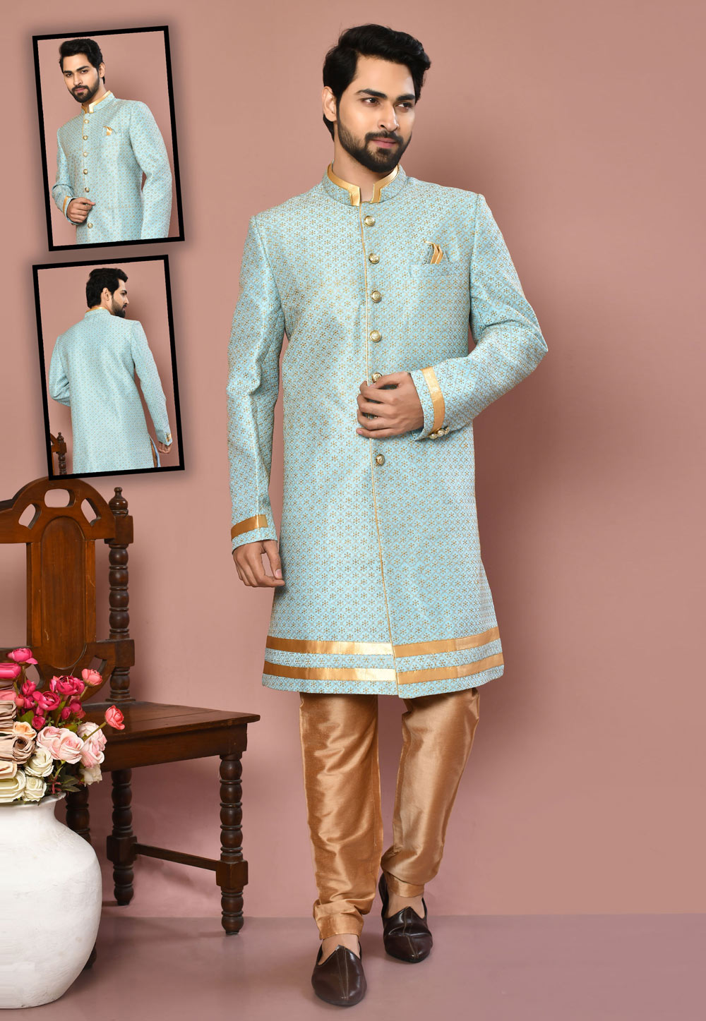Sky Blue Banarasi Silk Indo Western Suit 260482