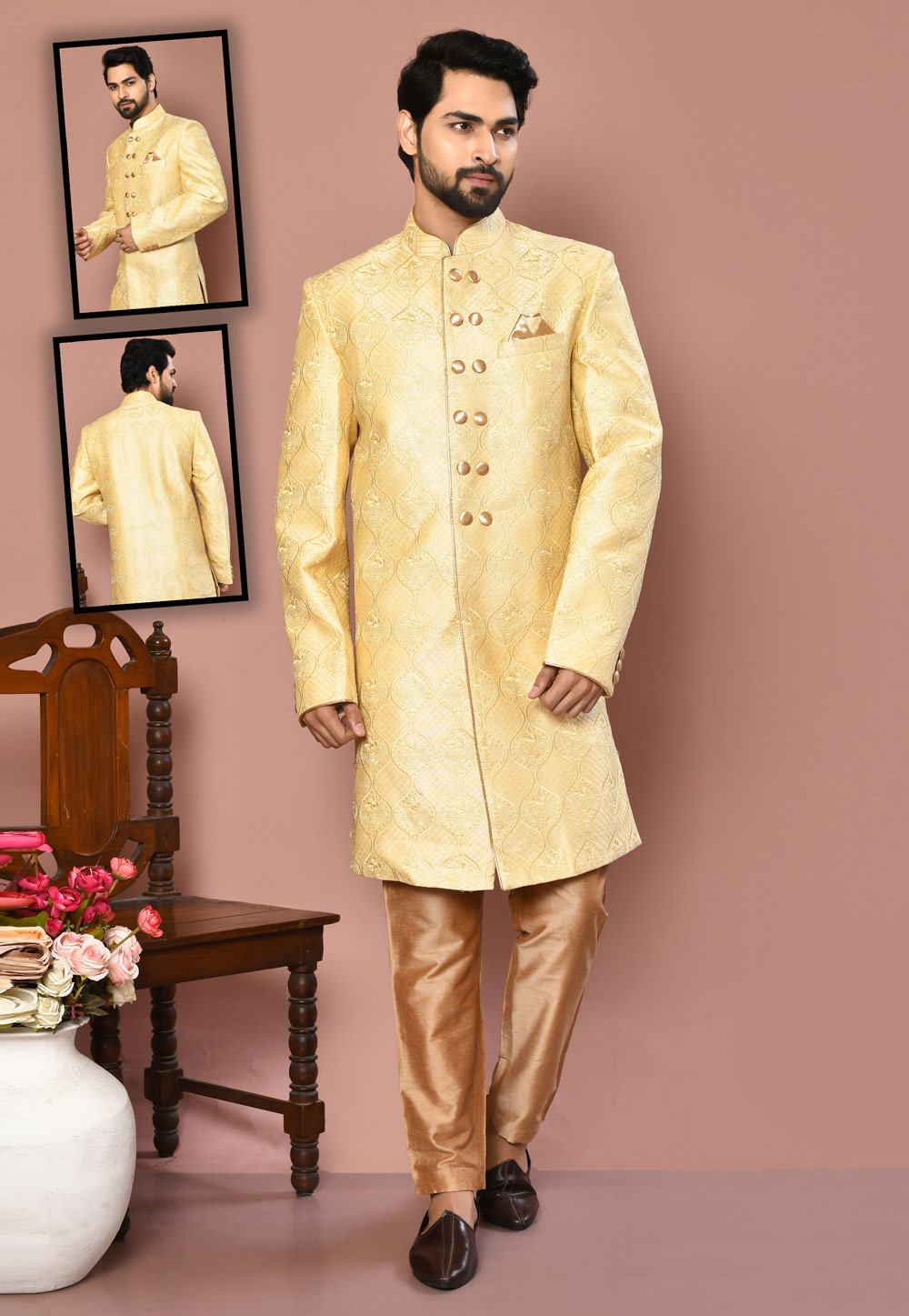 Yellow Banarasi Silk Indo Western Suit 260483