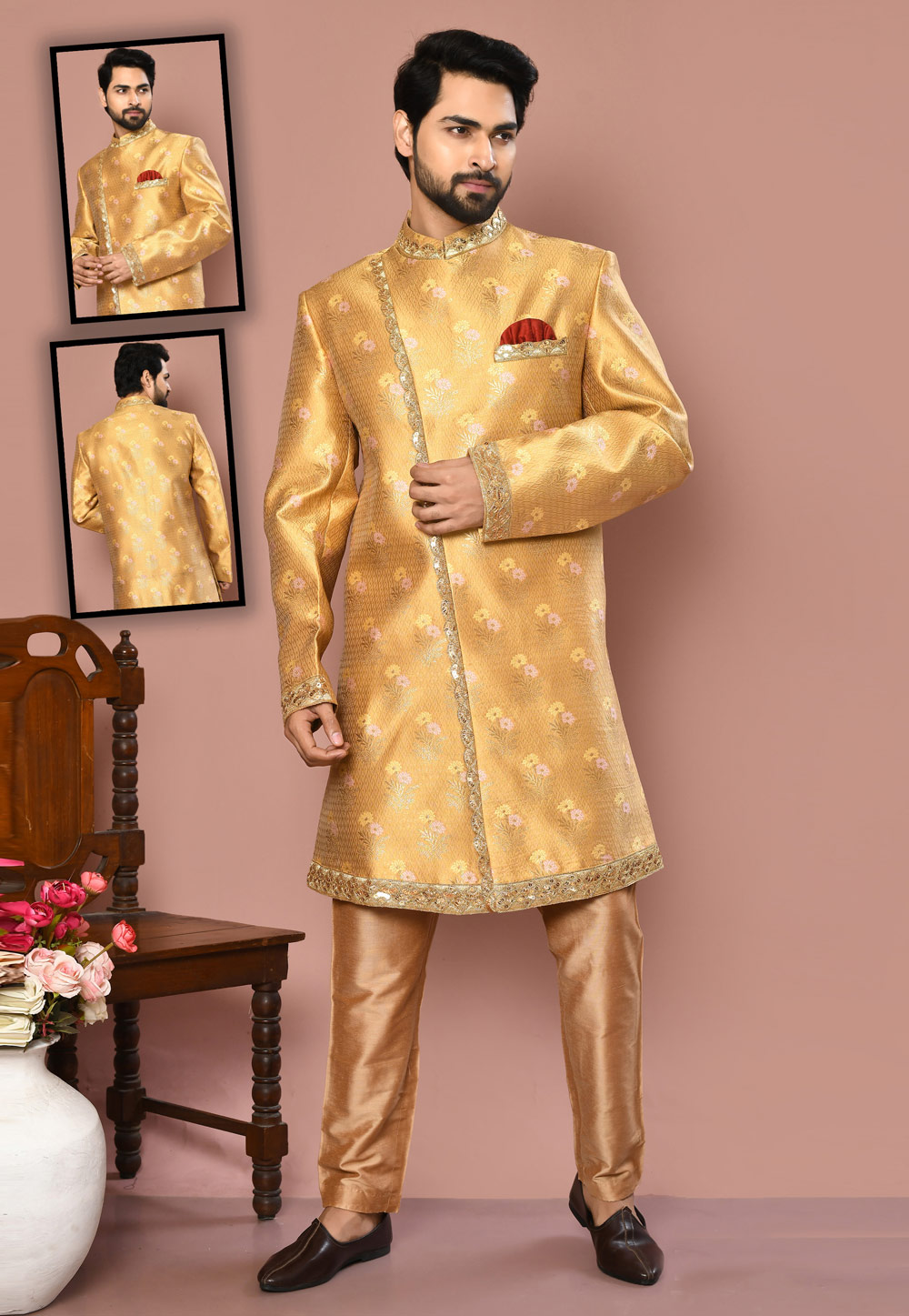 Golden Banarasi Silk Indo Western Suit 260485