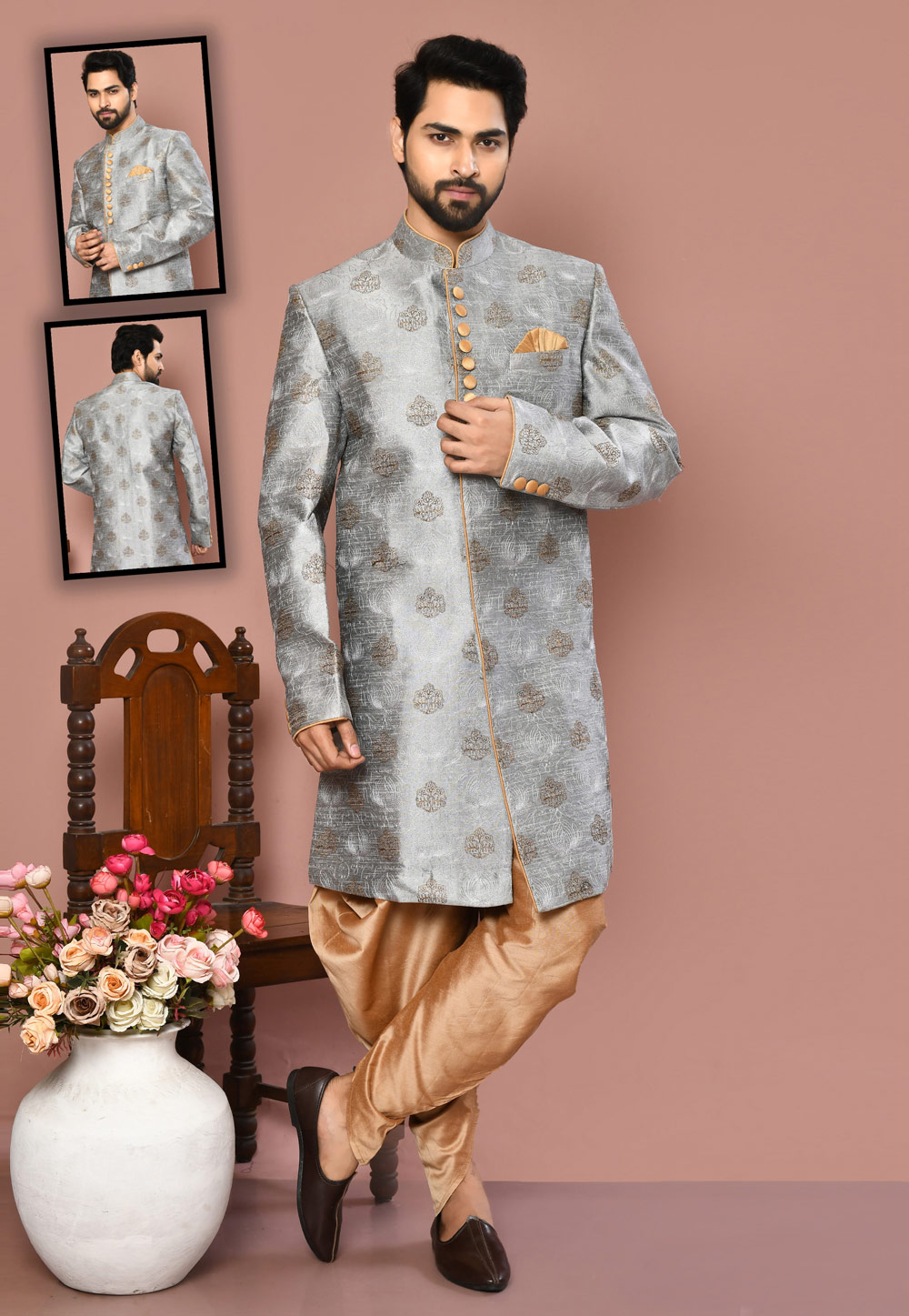 Grey Banarasi Silk Dhoti Sherwani 260486