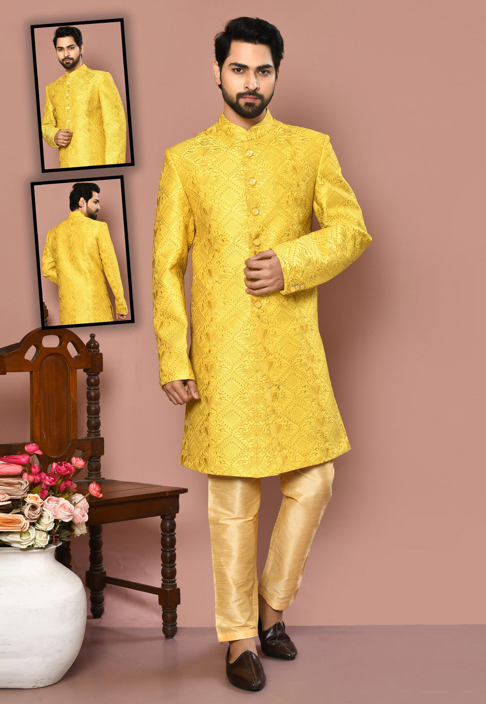 Yellow Banarasi Silk Indo Western Suit 260488