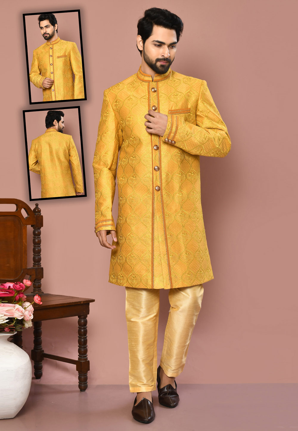 Golden Banarasi Silk Indo Western Suit 260489