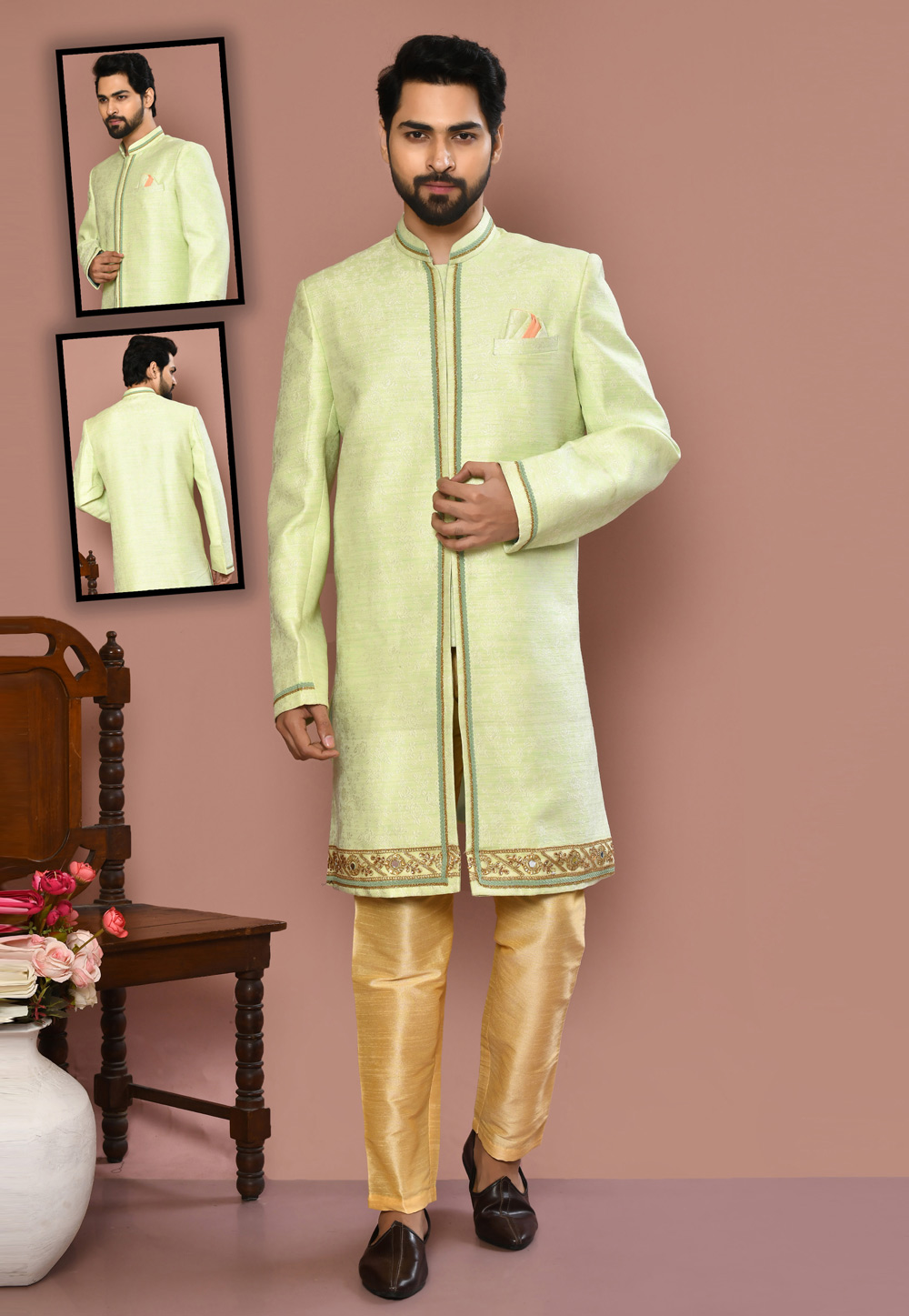Pista Green Banarasi Silk Indo Western Suit 260490