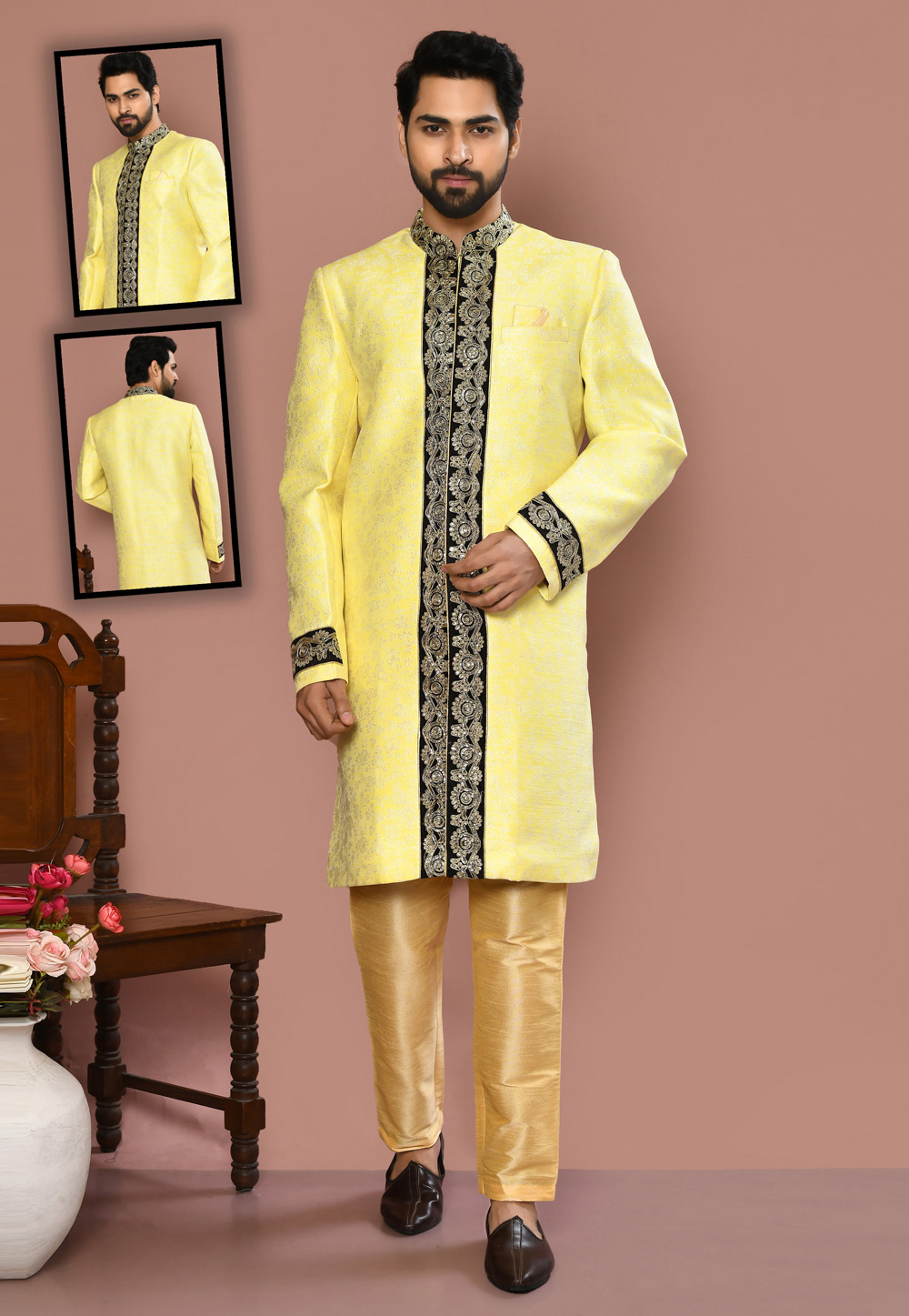 Yellow Banarasi Silk Indo Western Suit 260491
