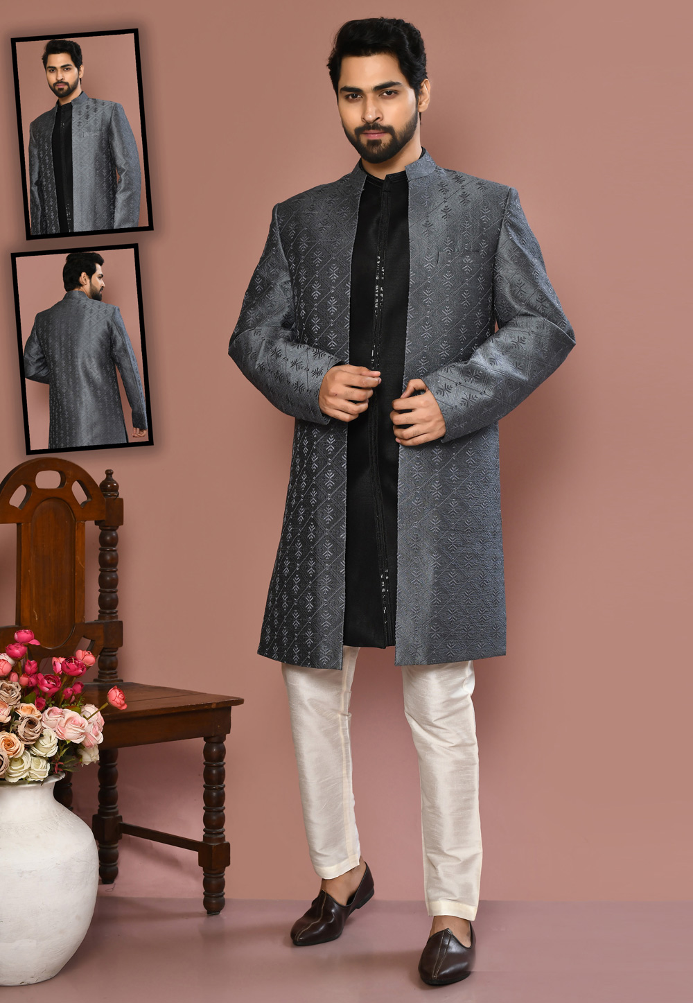 Grey Banarasi Silk Indo Western Sherwani 260492
