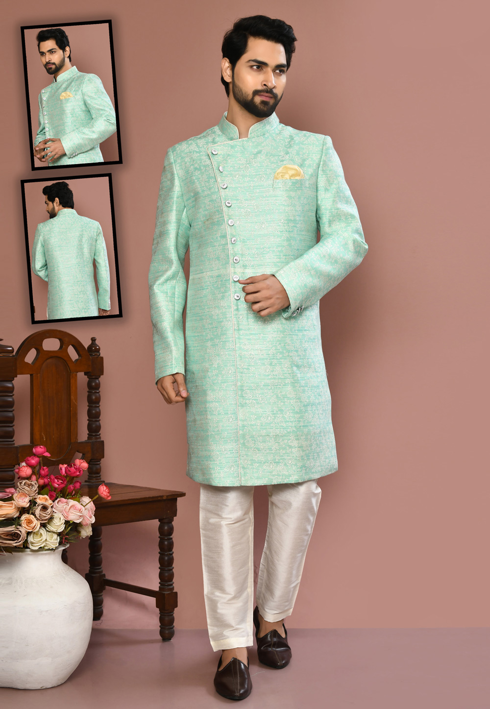 Sea Green Banarasi Silk Indo Western Suit 260494