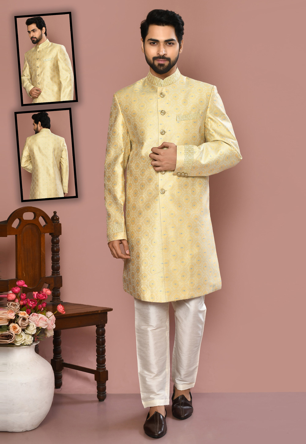 Cream Banarasi Silk Indo Western Suit 260495