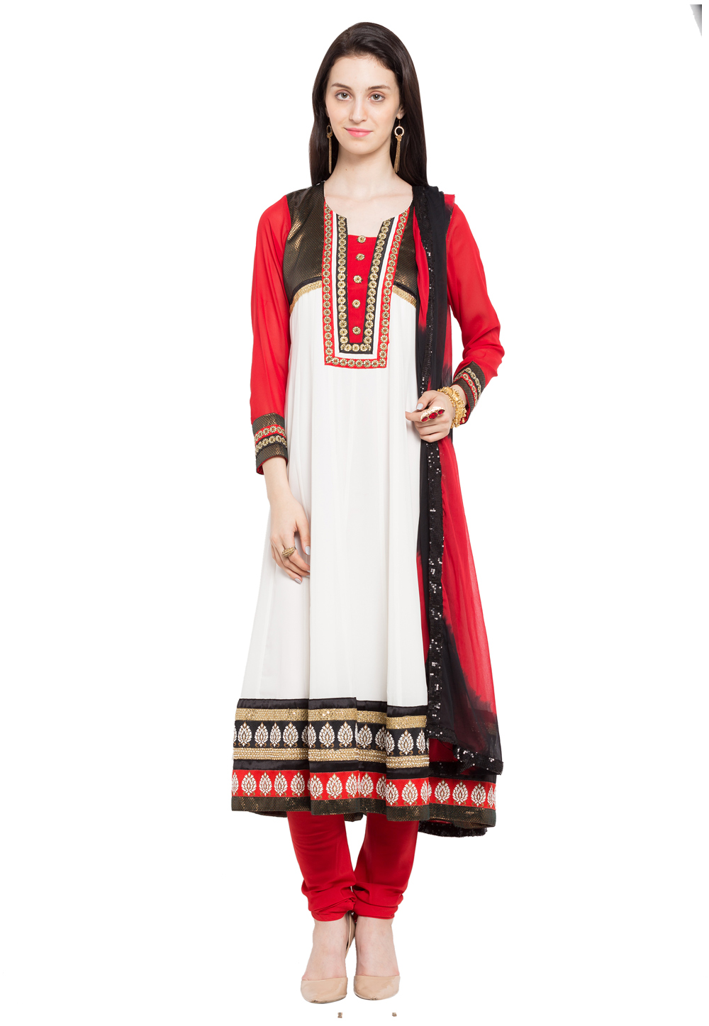 White Faux Georgette Readymade Churidar Suit 230361