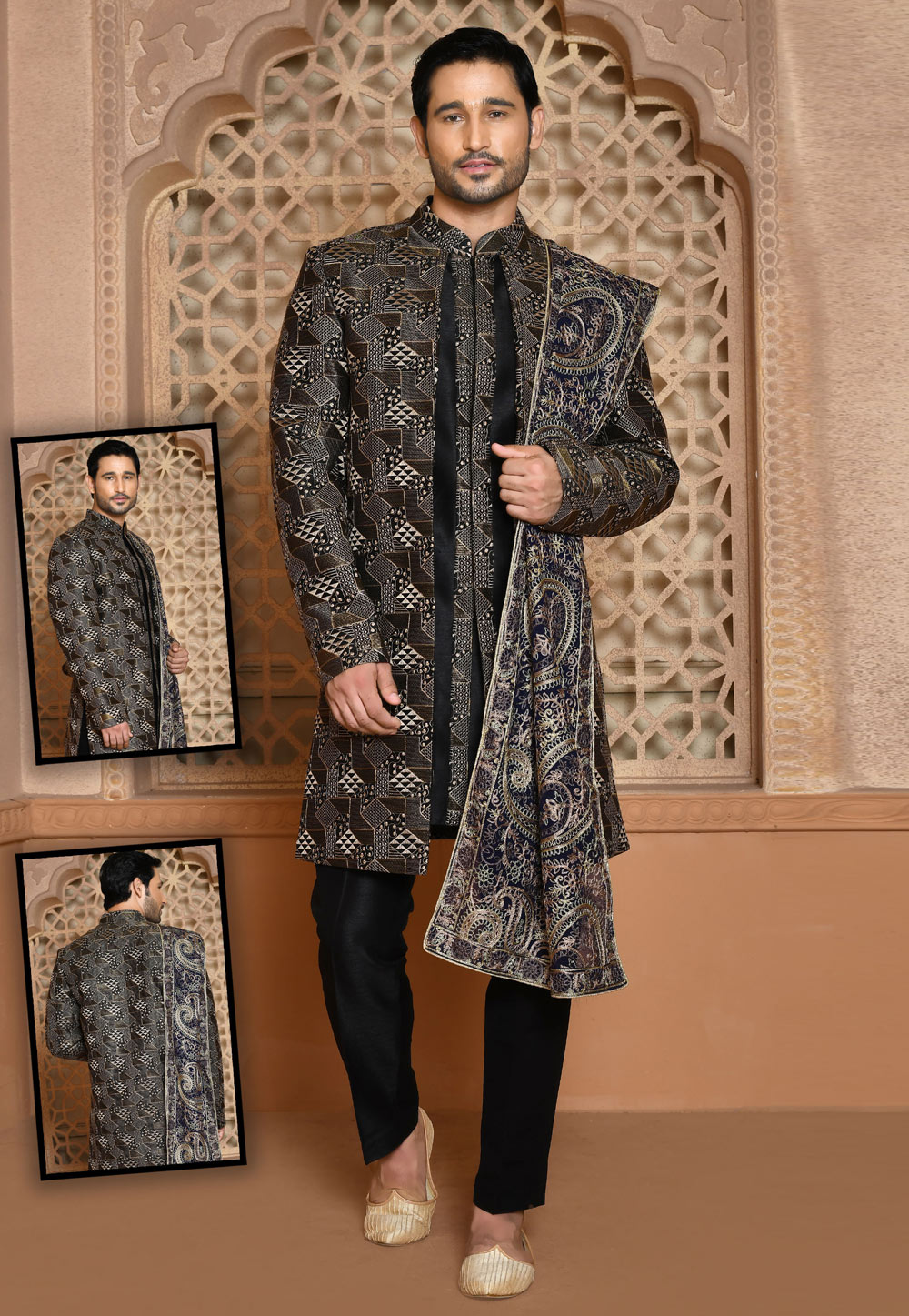 Black Banarasi Silk Achkan Style Sherwani 260501