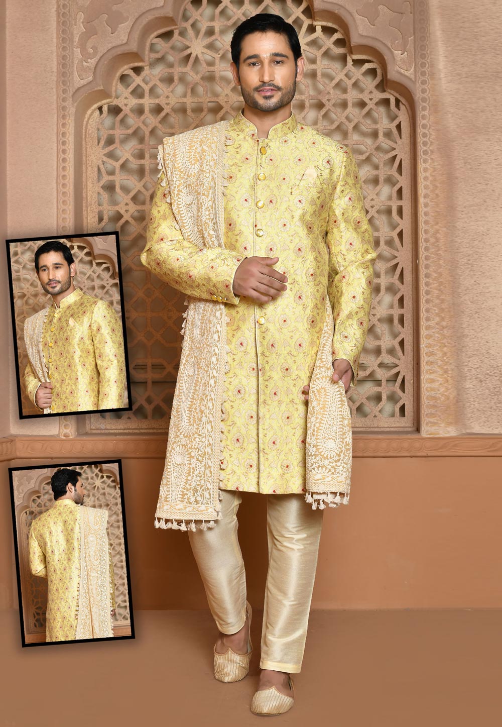 Yellow Banarasi Silk Achkan Style Sherwani 260503