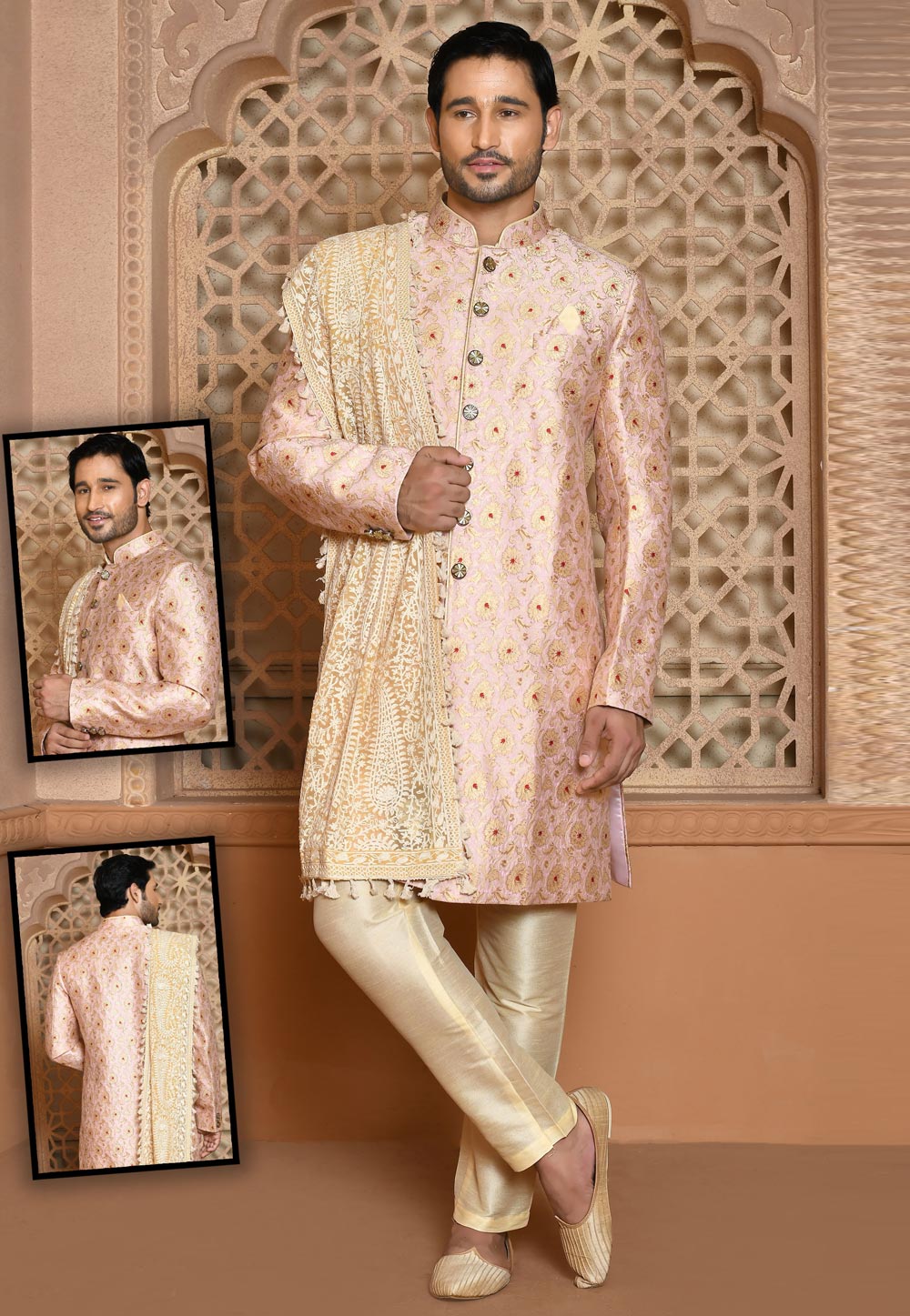 Pink Banarasi Silk Achkan Style Sherwani 260504