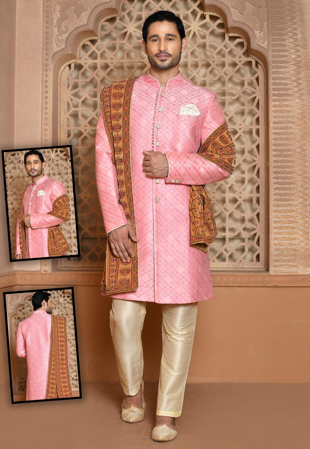 Pink Banarasi Silk Achkan Style Sherwani 260506