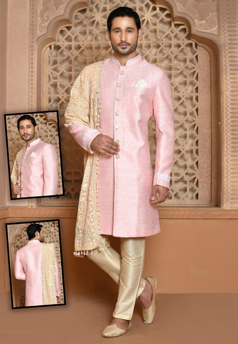 Pink Banarasi Silk Achkan Style Sherwani 260507