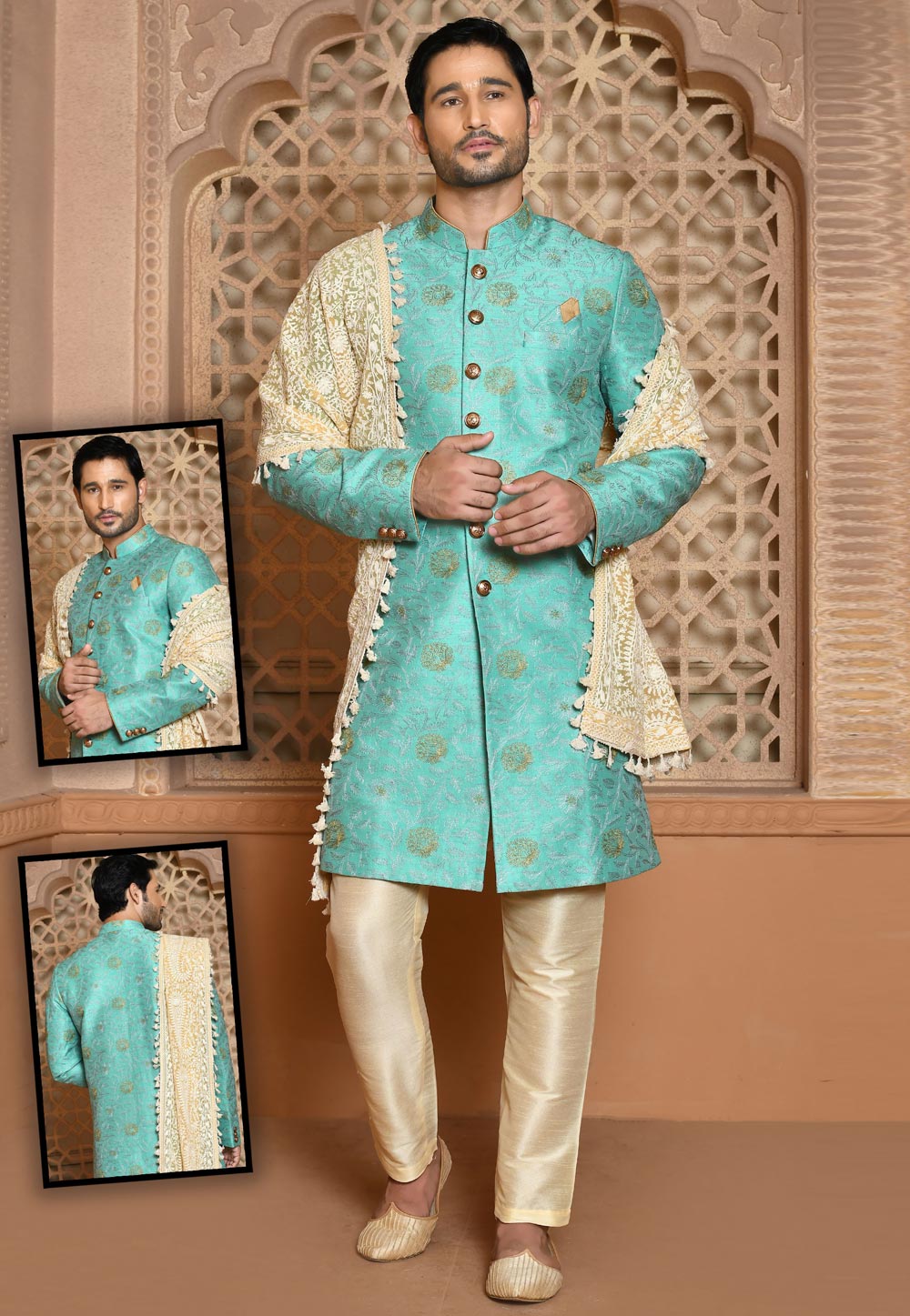 Turquoise Banarasi Silk Achkan Style Sherwani 260509