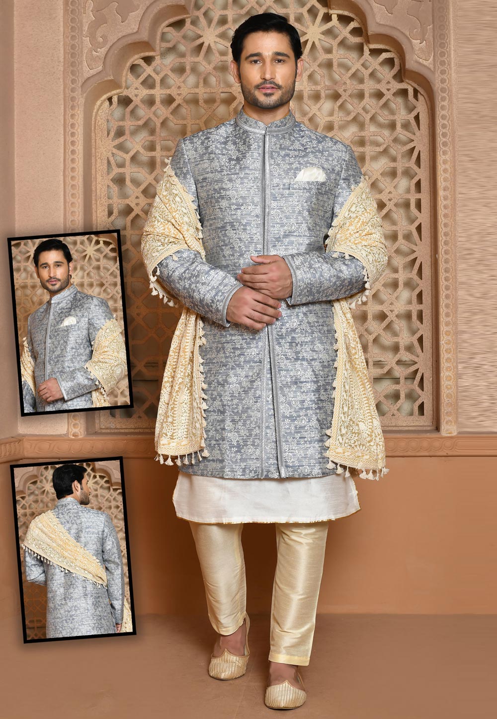 Grey Banarasi Silk Indo Western Sherwani 260510