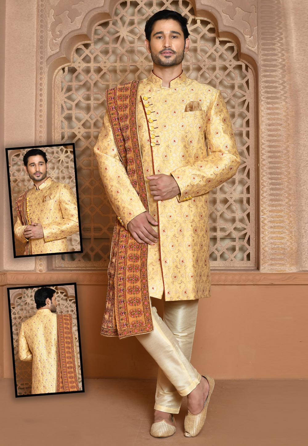 Golden Banarasi Silk Achkan Style Sherwani 260514
