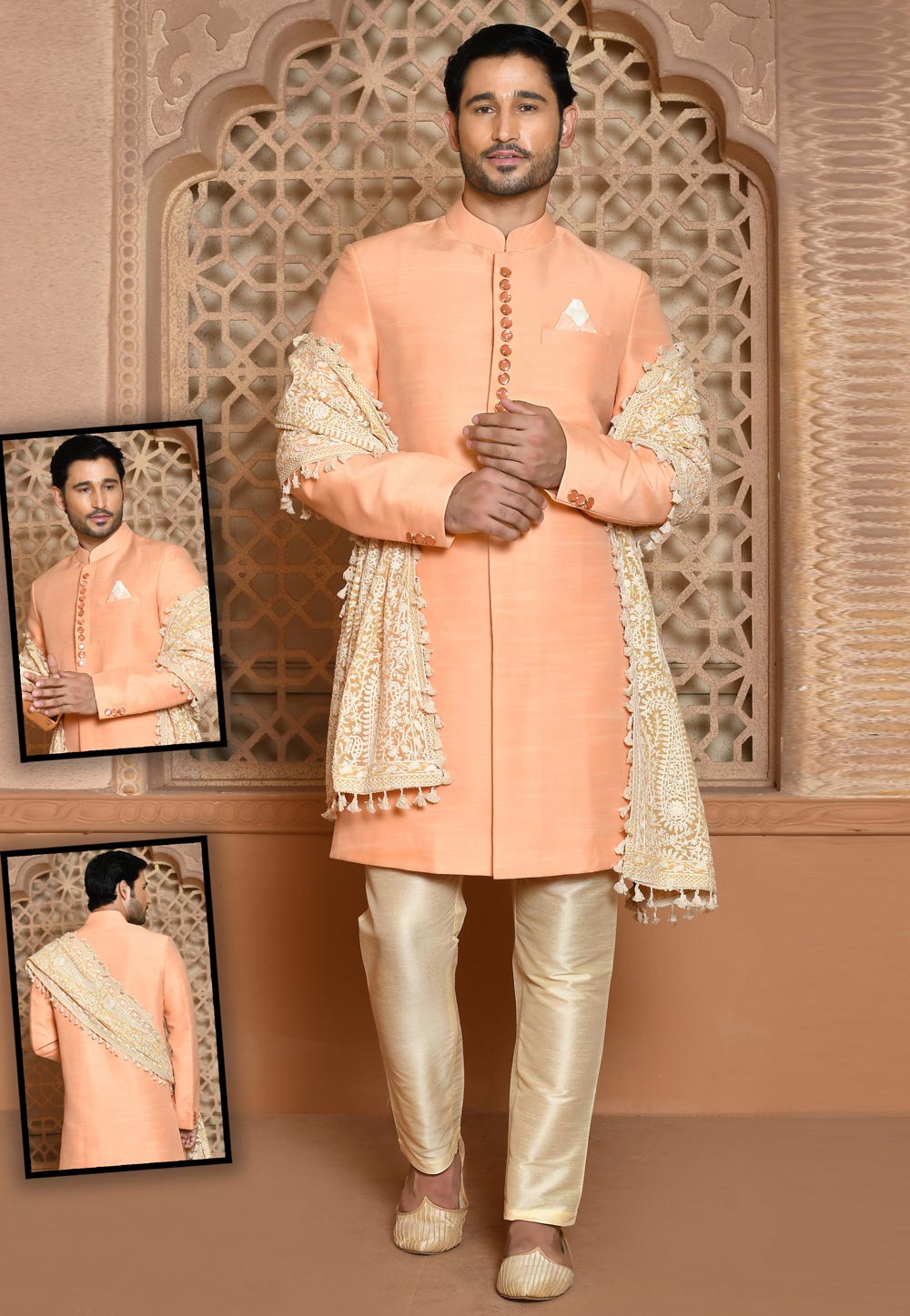 Peach Banarasi Silk Achkan Style Sherwani 260515