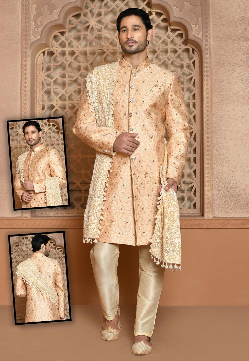 Peach Banarasi Silk Achkan Style Sherwani 260517