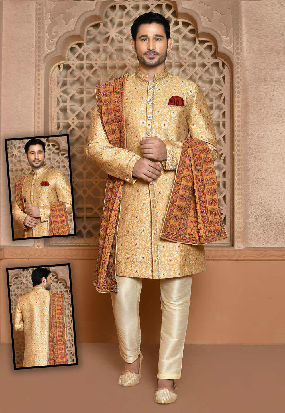 Beige Banarasi Silk Achkan Style Sherwani 260518
