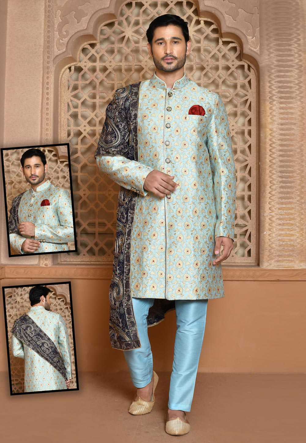 Sky Blue Banarasi Silk Achkan Style Sherwani 260521