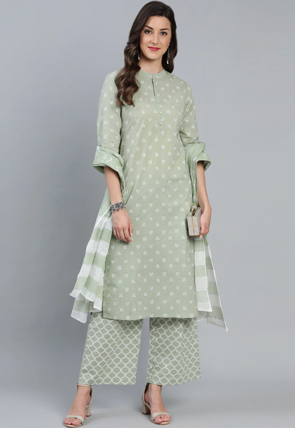 Green Cotton Readymade Kameez With Palazzo 224941