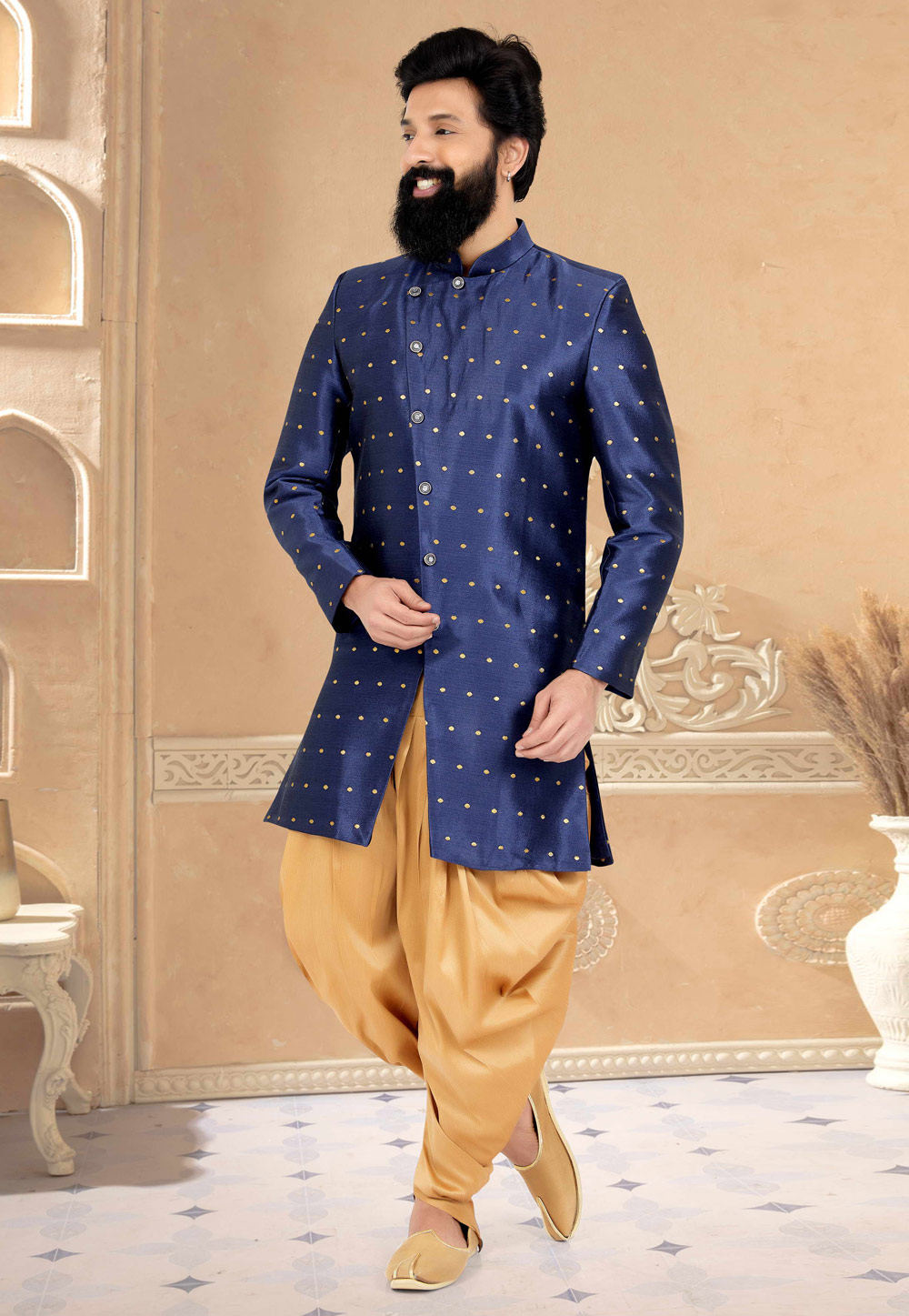 Navy Blue Banarasi Indo Western Suit 271618