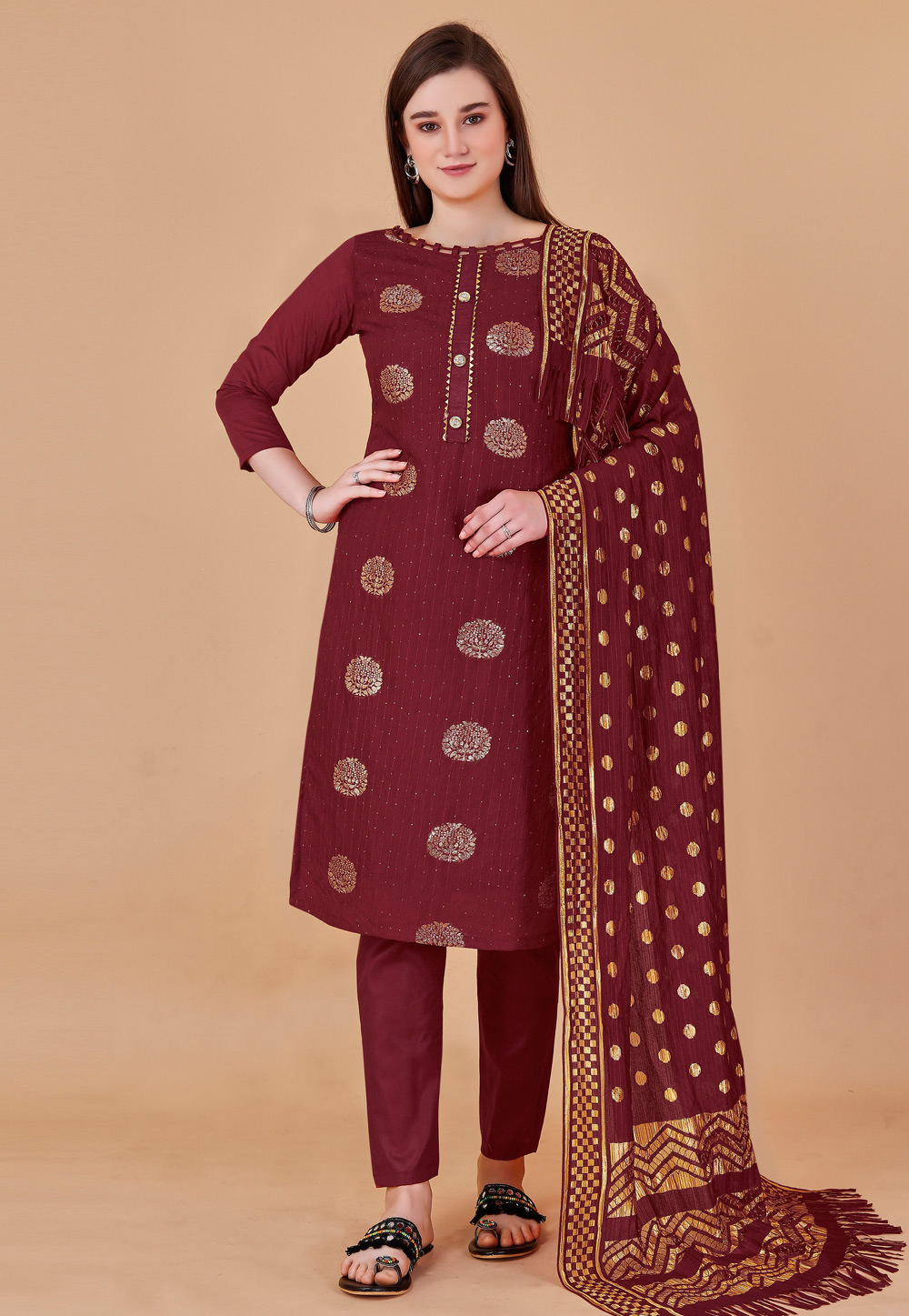 Maroon Banarasi Pakistani Suit 260758