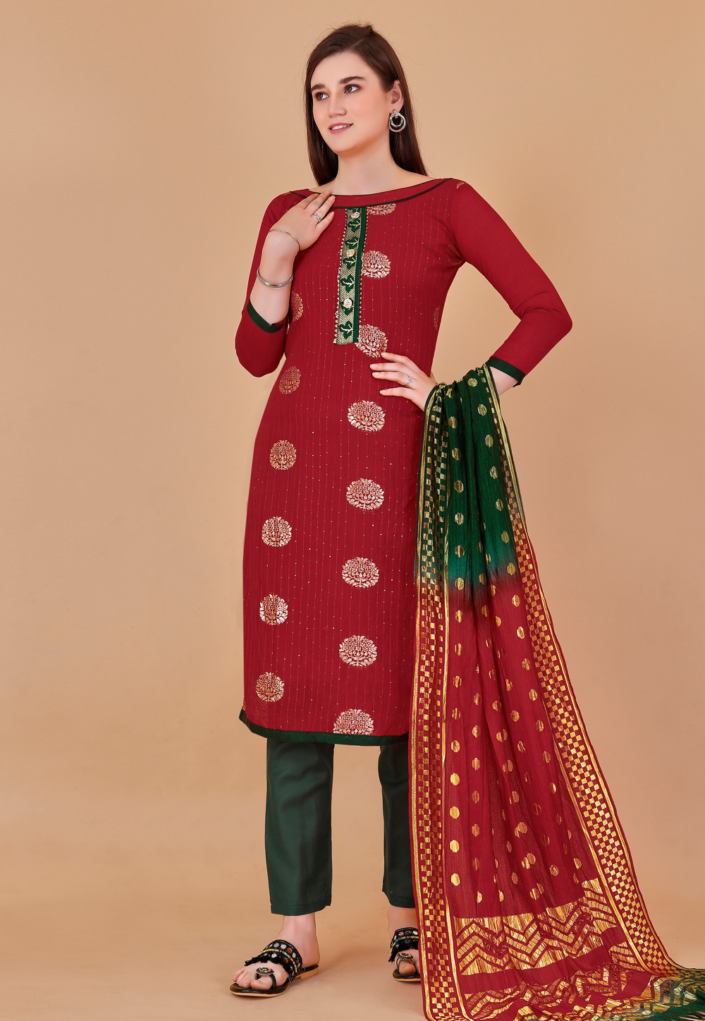 Red Banarasi Pant Style Suit 260759