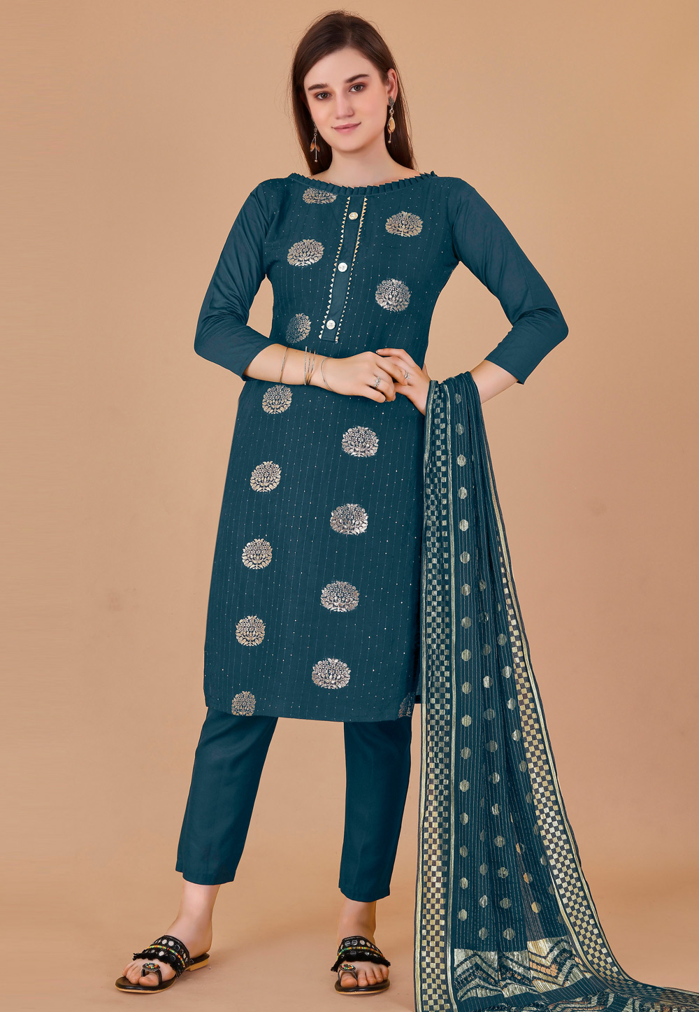 Teal Banarasi Pant Style Suit 260765