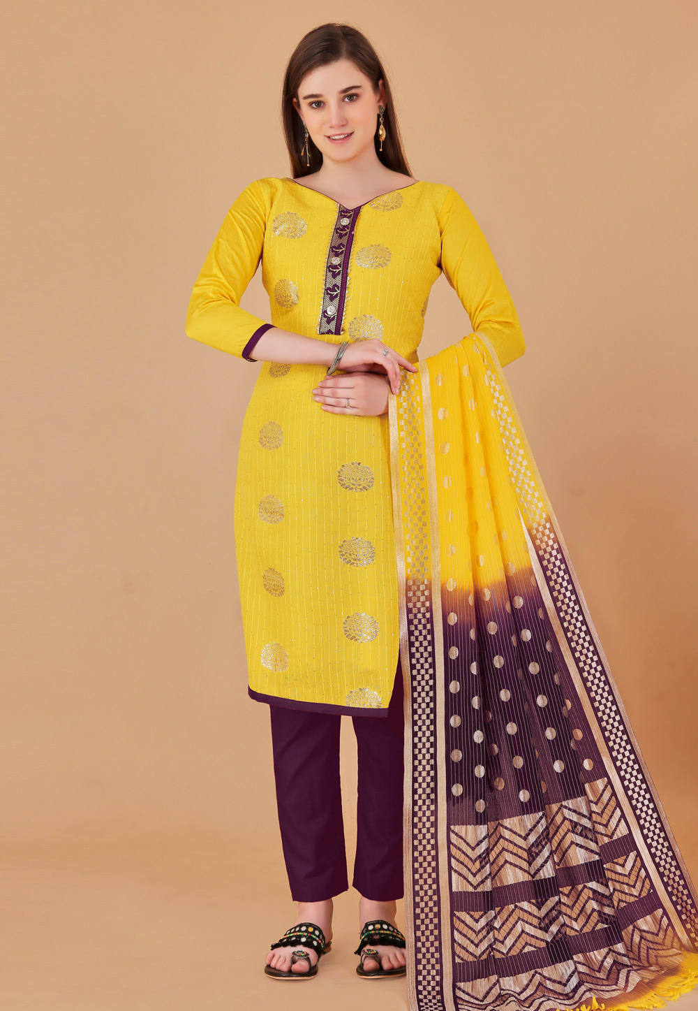 Yellow Banarasi Pant Style Suit 260767